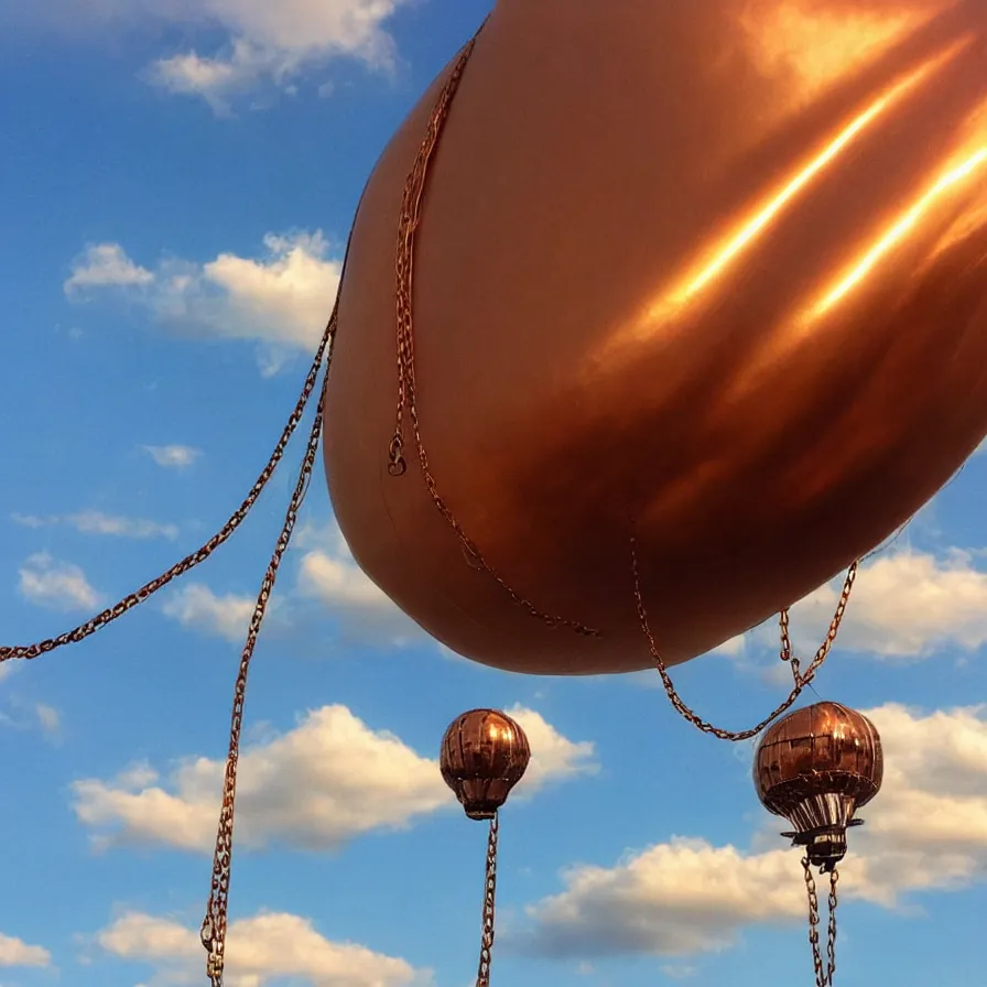 Image similar to beautiful blimps!!! high in the sky, copper chains hanging from the edges, ( ( ( steampunk styled ) ) ), ( ( golden hour ) ), steam clouds, clouds, award winning photography, highly detailed, low poly, extremely wide angle