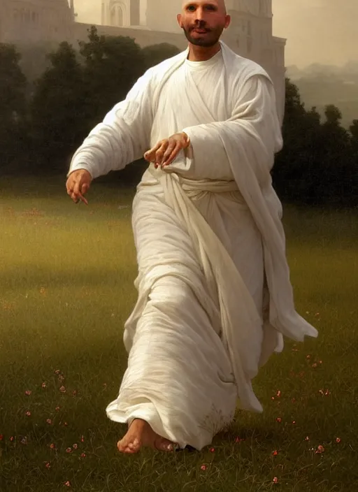 Image similar to oil painting portrait of a tonsured dominican monk in a white habit, striding dancing through a flourishing garden at sunset with a monastery in the background, hazy, digital art, chiaroscuro, artstation, cinematic, golden hour, digital art painting by greg rutkowski, william - adolphe bouguereau, hazy atmosphere, flowers, cinematic lighting