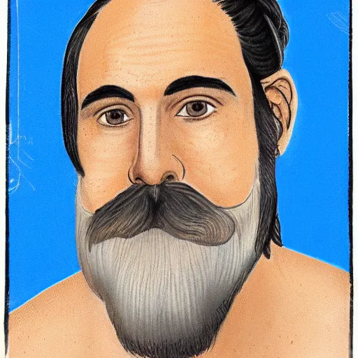 Prompt: portrait of a man in his 30s with a long black beard and black hair pulled back into a pony tail, medium plump nose, blue eyes, tan complexion, visible gauges in both ears.