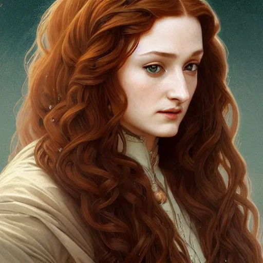 Image similar to portrait of sansa stark with long hair, intricate, elegant, highly detailed, digital painting, artstation, concept art, smooth, sharp focus, illustration, art by artgerm and greg rutkowski and alphonse mucha and william - adolphe bouguereau