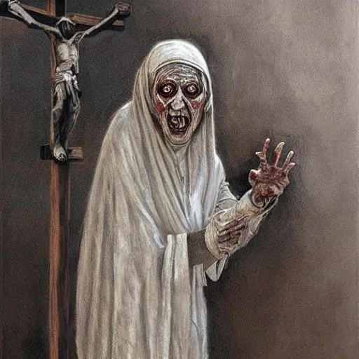 Image similar to a hyperrealistic painting of mother theresa as a zombie at jesus'crucifixion, by santiago caruso, highly detailed, sharp focus,