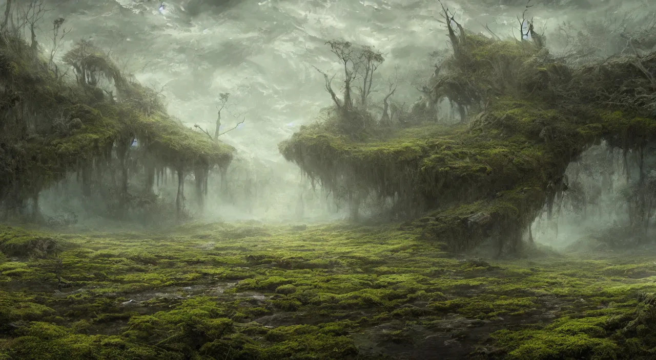 Prompt: Scene of a giant 65 year-old Gaia covered in moss, crying softly and humbly while crossing a dried up river in a panorama of a desolate land, highly-detailed, elegant, dramatic lighting, artstation, 4k, cinematic landscape