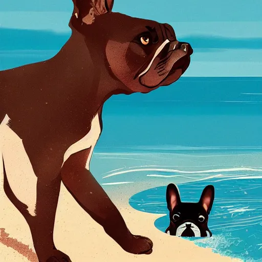 Image similar to black french bulldog playing on the water of the beach by pascale campion