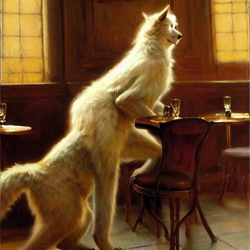 Image similar to a portrait of a furry in a coffee shop, furry body, furry arms, furry legs, furry tail. highly detailed painting by gaston bussiere, craig mullins, j. c. leyendecker, furry