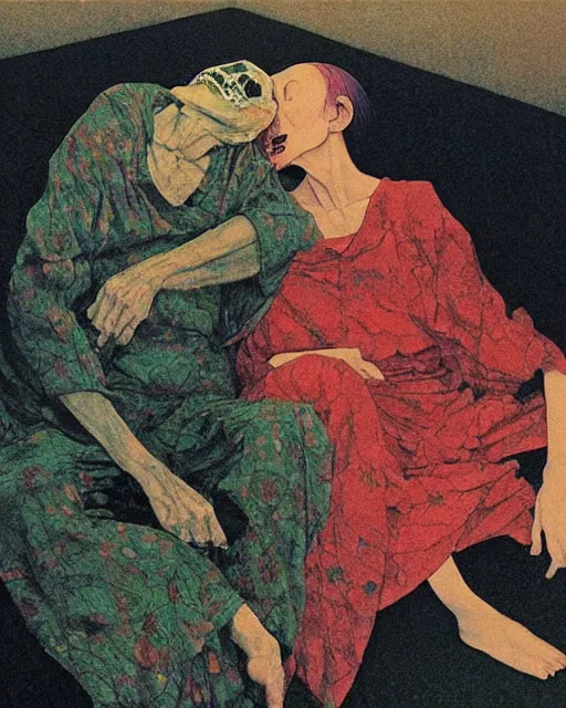 Image similar to early color photo of an old dead couple sitting on a couch in an old soviet apartment and looking at the scared enlightened boy flying up in sky, Beksinski impasto painting, part by Adrian Ghenie and Gerhard Richter. art by Takato Yamamoto, masterpiece