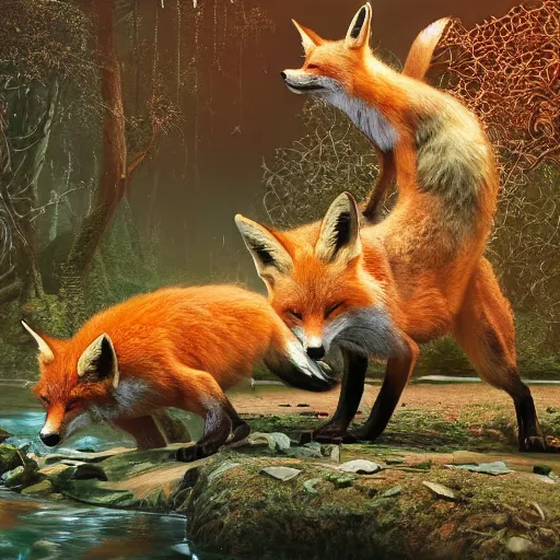 Image similar to a portrait of a fox family drinking on a river in a forrest, an ultrafine hyperdetailed illustration by kim jung gi, irakli nadar, takato yamamoto, intricate linework, bright colors, porcelain skin, unreal engine 5 highly rendered, fashion photography, fractal background, global illumination, radiant light, detailed and intricate environment