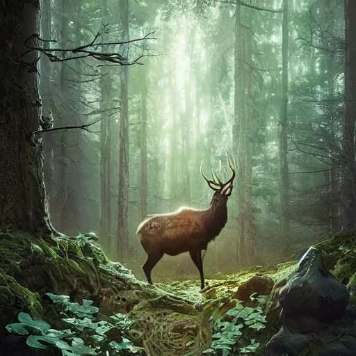 Prompt: elk in an enchanted forest, intricate design, elegant, magical, art nouveau, environment art, film still, glowing mushrooms, trails, close up, art by artgerm and greg rutkowski and ruan jia and peter polach