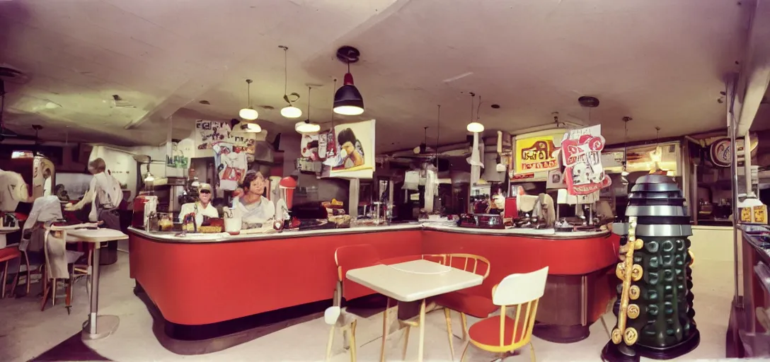 Image similar to daleks inside a vintage McDonalds working at the counter, hamburgers and soda, happy family, kodak Ektachrome 10, 35mm