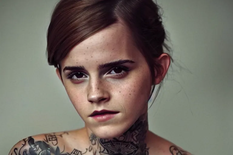 Image similar to emma watson, dope tattoo, hyperrealistic