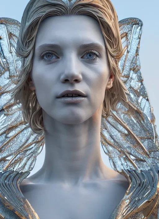 Image similar to a statue made of white marble with gold veins, of an gorgeous futuristic cybernetic angel girl, prostheses, transhumanism, full body shot, perfect symmetrical body, perfect symmetrical face, hyper realistic, hyper detailed, by johannen voss, by peter kemp, by monia merlo, by michelangelo, octane render, blender, 8 k