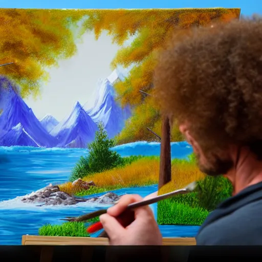 Image similar to a closeup photorealistic photograph of bob ross working on a canvas painting of aquaman. film still. brightly lit scene. mountains and trees. this 4 k hd image is trending on artstation, featured on behance, well - rendered, extra crisp, features intricate detail, epic composition and the style of unreal engine.