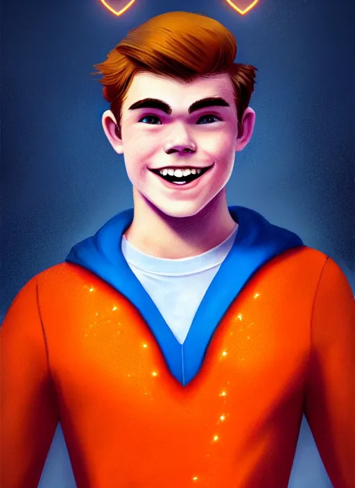 Image similar to friendly teenage archie andrews wearing an orange superhero costume with heart logo, freckles, pureheart the powerful, heart emblem on chest, blue cape, intricate, elegant, glowing lights, highly detailed, digital painting, artstation, sharp focus, illustration, art by wlop, mars ravelo and greg rutkowski