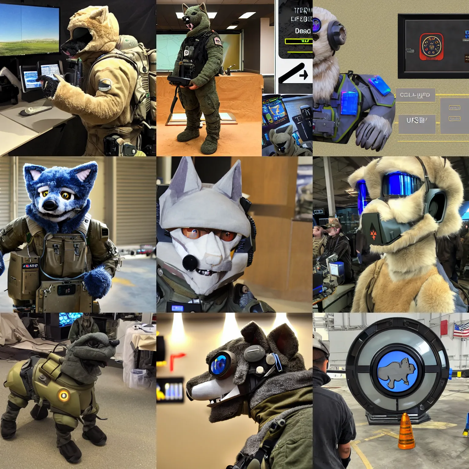 Prompt: A fully operational DARPA-designed fursuit with a full suite of features including: HUD display, portable generator, self-contained sealed environment, and emergency countermeasures.
