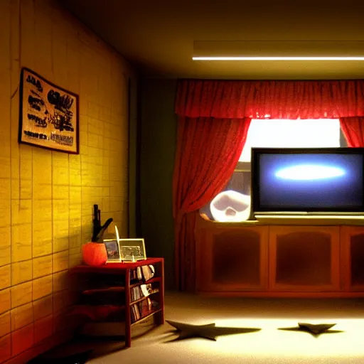 Prompt: crt televisions in a room with a lamp, claymation, 3 d, pixar, film grain, fisheye