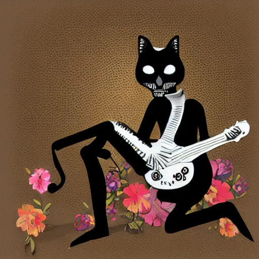 Image similar to skeleton wearing headphones watching girl playing guitar with her black cat standing next to her, digital art