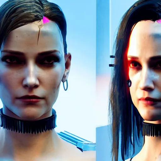 Image similar to female V from Cyberpunk 2077 wearing spiked choker, collar, choker, punk, collar, 4K