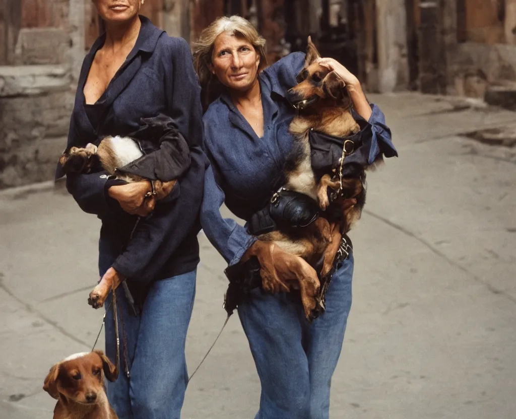 Prompt: closeup portrait of beautiful woman carrying a dog, smoky new york back street, by annie leibovitz and steve mccurry, natural light, detailed face, canon eos c 3 0 0, ƒ 1. 8, 3 5 mm, 8 k, medium - format print