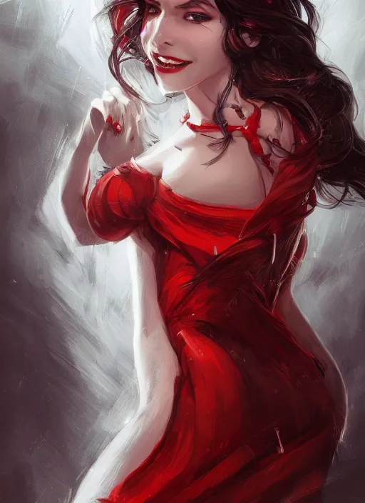 Prompt: a highly detailed illustration of beautiful long black hair white woman wearing a red dress, dramatic smile pose, intricate, elegant, highly detailed, centered, digital painting, artstation, concept art, smooth, sharp focus, league of legends concept art, WLOP