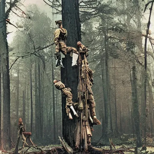 Prompt: wide shot, a squad of dead American Soldiers hung mid-air on trees, deep in the thick forest, painting, colored, eerie, Lovecraftian, eldritch horror, 1967