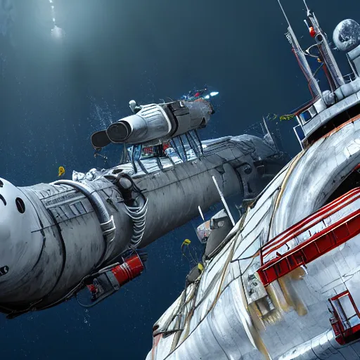 Image similar to Barotrauma submarine, unreal engine 5 + 4k + Ultrarealistic photograph, epic composition, Deep ocean