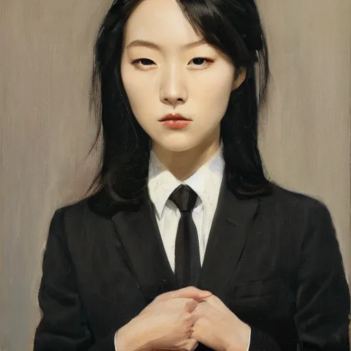 Image similar to portrait of a beautiful korean girl wearing a men's tuxedo, with long hair and bangs, angular features, angry expression, oil on canvas, elegant pose, masterpiece, Jonathan Yeo painting