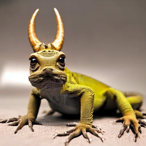 Prompt: photo of a lizard puppy with horns