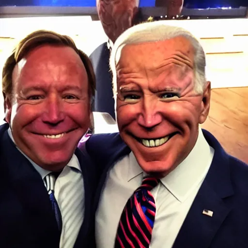 Image similar to alex jones with three eyes taking a selfie with joe biden