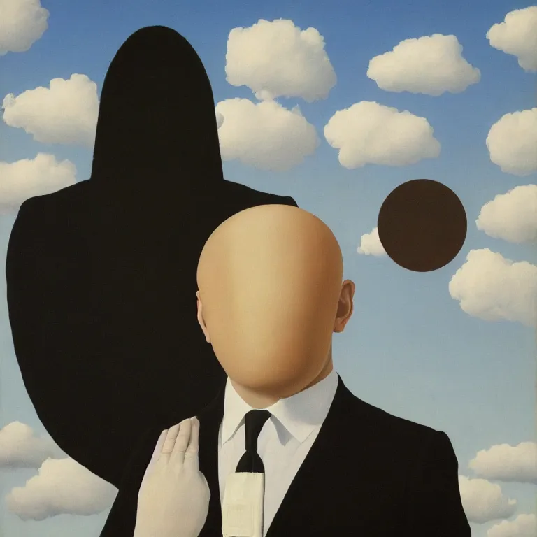 Image similar to portrait of a faceless shadow - head man in a suit, clouds in the background, by rene magritte, detailed painting, distance, middle centered, hd, hq, high resolution, high detail, 4 k, 8 k