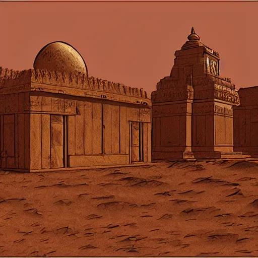 Image similar to a sketch of an Hindu temple on Mars in the style of da Vinci