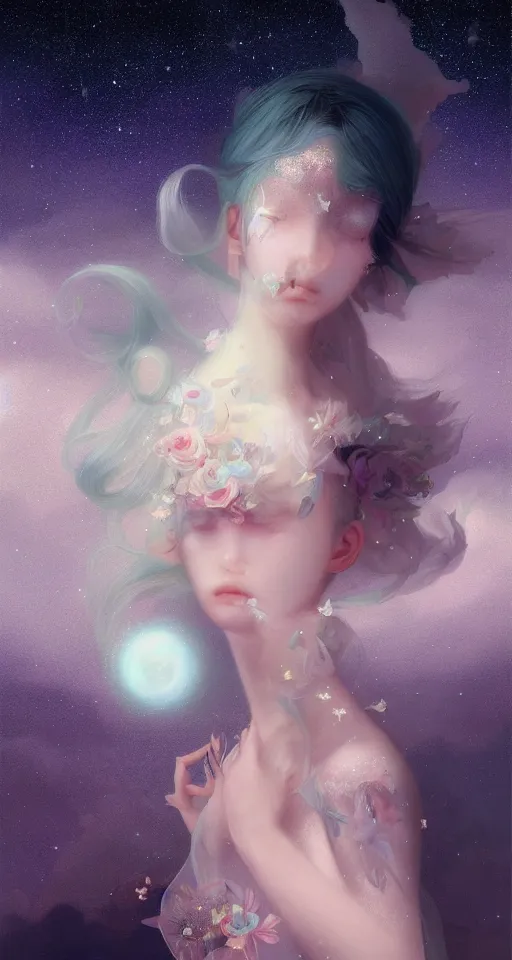 Image similar to breathtaking delicate detailed concept art painting beauty creature with starry night inside, by hsiao - ron cheng, bizarre compositions, exquisite detail, single, one person, pastel colors, 8 k