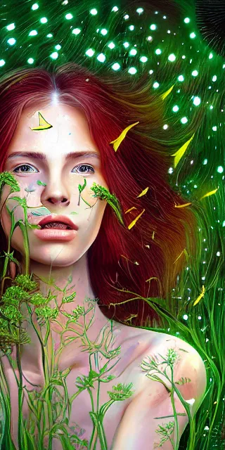 Image similar to infp young woman, smiling amazed, golden fireflies lights, sitting in the midst of nature fully covered, long loose red hair, intricate linework, bright accurate green eyes, small nose with freckles, oval shape face, realistic, expressive emotions, dramatic lights spiritual scene, hyper realistic ultrafine art by michael cheval, jessica rossier, boris vallejo