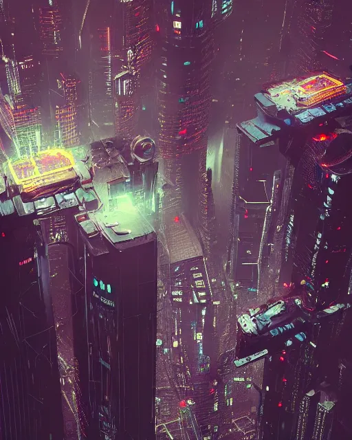 Image similar to cyberpunk drone above a city, scifi, futuristic, neon light, highly detailed, concept art, sharp focus, trending on artstation, intricate, atmosphere, raining, art by roman makarenko, dzung phung dinh