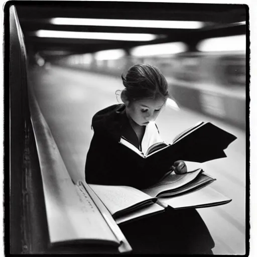 Image similar to “ girl reading a book in the new york city subway, detailed faces, photograph by henri cartier - bresson ”