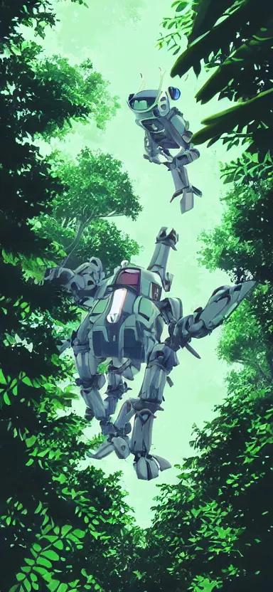 Image similar to pilot looking up at giant humanoid plant mech, coming through treetops, forest, key art, sharp lines, towering above a small person, aesthetic, anime, trigger, shigeto koyama, hiroyuki imaishi