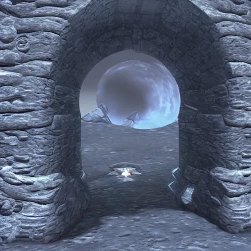 Prompt: ruined dungeon entrance on the moon