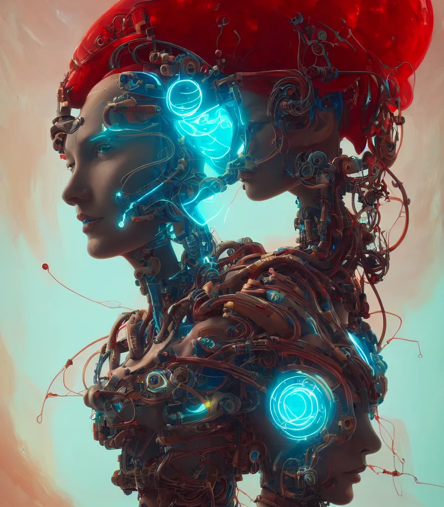 Prompt: a beautiful painting a portrait of cyborg angel, symetrical scene, symetric character, wires and vines in fractal, trending in artstation, octane render, red and cyan, 8 k, variations, by peter mohrbacher, zaha hadi