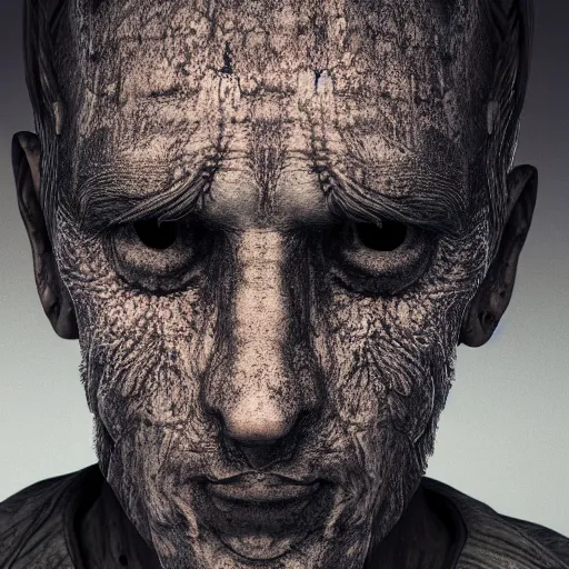 Prompt: a man who's face is covered in ridges of fractal human hands, octane render, subsurface scattering, intense lighting