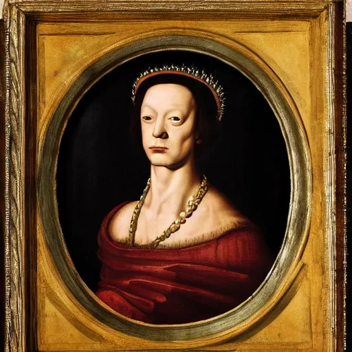 Prompt: renaissance style portrait of a european common cuttlef wearing a crown and a cape, dark background