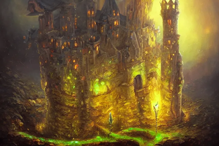 Prompt: oil painting of a sorcerer's magical tower, dark tones, bright flash, ant's eye view, ground view, intricate magic details, wizard tower, bursting with magic, trending on artstation cgmatter deviantart