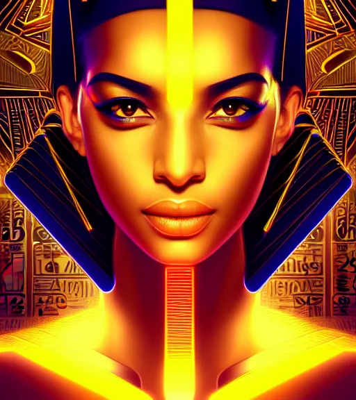 Image similar to symmetry!! egyptian princess of technology, solid cube of light, hard edges, product render retro - futuristic poster scifi, lasers and neon circuits, brown skin gorgeous egyptian princess, intricate, elegant, highly detailed, digital painting, artstation, concept art, smooth, sharp focus, illustration, dreamlike, art by artgerm