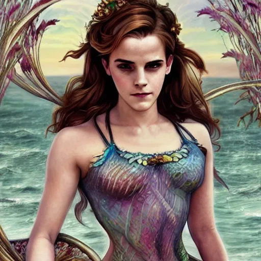 Image similar to Emma Watson as a beautiful mermaid, cute, fantasy, intricate, elegant, highly detailed, digital painting, 4k, HDR, concept art, smooth, sharp focus, illustration, art by artgerm and H R Giger and alphonse mucha