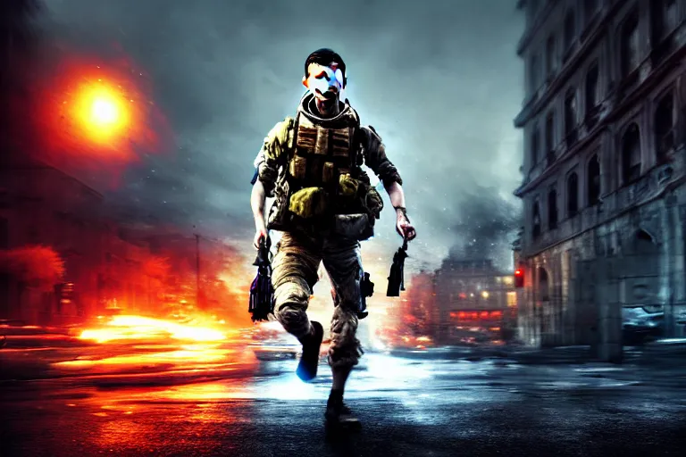 Prompt: battlefield 3, mr bean as protagonist, portrait, outdoors european cityscape, atmospheric lighting, painted, intricate, volumetric lighting, beautiful, daytime, winter, clear weather, mutated wildlife, sharp focus, deep colours, ultra detailed, art by william turner