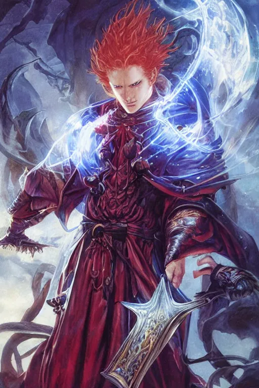 Image similar to young male redhead Spellcaster standing, holding a spell book glowing, D&D dark fantasy style, sharp focus, ultra detailed, art by Artgerm and Peter Andrew Jones, Karol Bak, Ayami Kojima, Amano and Olivier Ledroit