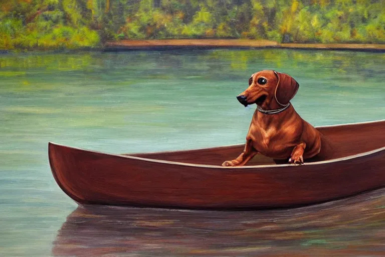 Prompt: a brown dachshund pulling a wooden canoe into the water, painting, oil on canvas, adorable, beautiful environment, wide angle shot