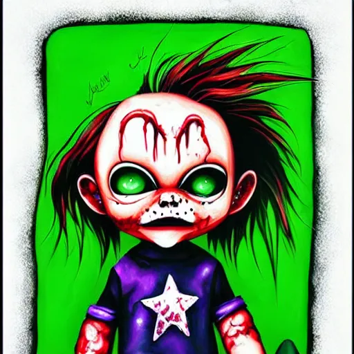 Prompt: grunge painting of chucky by jeremiah ketner | horror themed | creepy