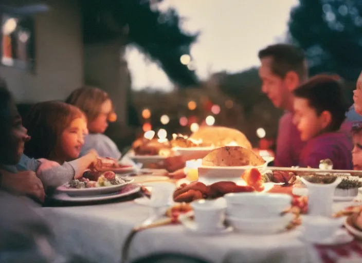 Image similar to a 3 5 mm photo of a family thanksgiving, bokeh, canon 5 0 mm, cinematic lighting, dramatic, film, photography, golden hour, depth of field, award - winning, 3 5 mm film grain, retro, film, kodachrome