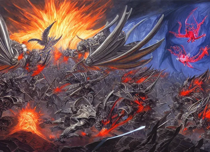Prompt: dynamic futuristic bibilical depiction battle scene of aggressive winged silver warriors with fire crowns against final boss, d & d, muscular! crossfit, fitness, tight wrinkled cloath, vivid color scheme, atmospheric perspective, fantasy, intricate, elegant, highly detailed, digital painting, smooth, sharp focus, art by ed emshwiller and jesper ejsing