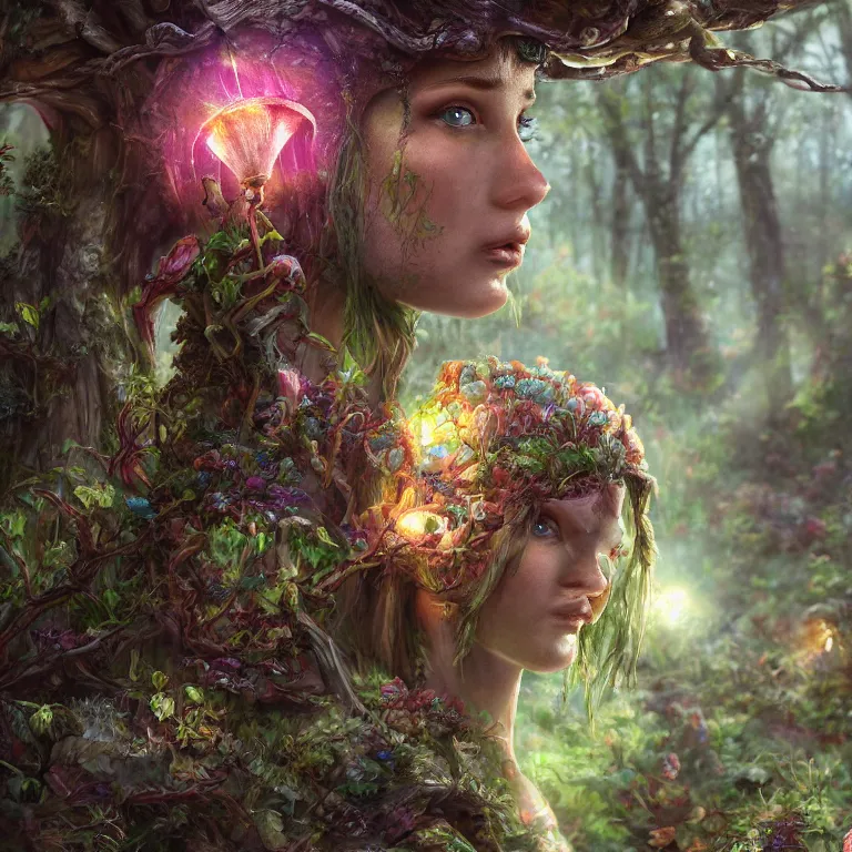 Prompt: Close up hyper detailed fantasy mushroom elf elves in the forest digital art, 4k, artstation deviantart concept art studio lighting