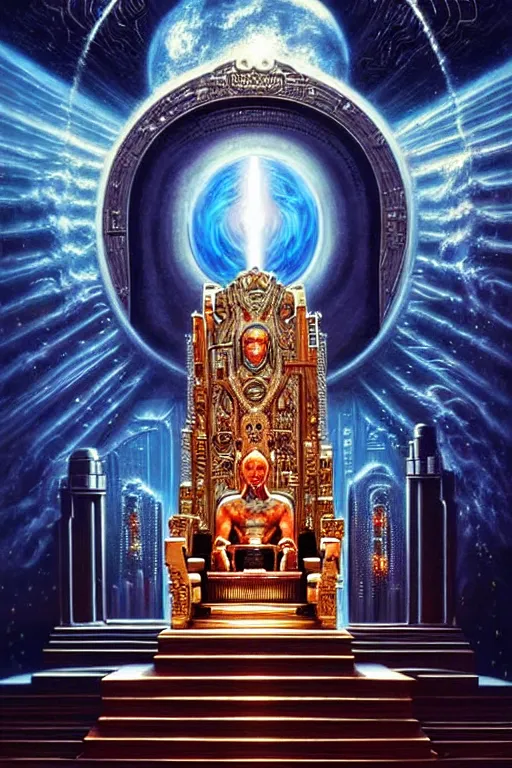 Prompt: a photorealistic detailed cinematic image of an artificially intelligent cyborg earn a soul. god observing from ornate throne, explaining the origins of humanity. emotional, compelling, by pinterest, david a. hardy, kinkade, lisa frank, wpa, public works mural, socialist