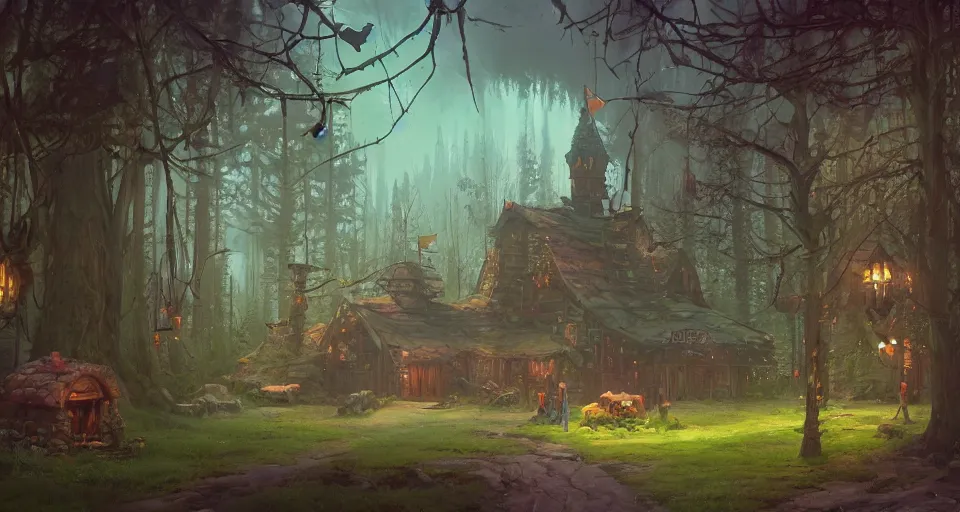 Image similar to A landscape with a large fantasy tavern with multiple stories in the middle of a forgotten magical forest, magical particles, warm lighting, inviting, enchanting, rendered by simon stålenhag, rendered by Beeple, Makoto Shinkai, syd meade, environment concept, digital art, unreal engine, 3 point perspective, WLOP, trending on artstation, low level, 4K UHD image, octane render,